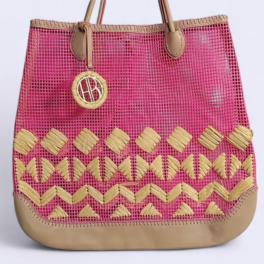 Henri Bendel Pink Raffia Mesh Tote Bag – Summer Beach Travel HB Charm - Picture 3 of 8